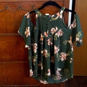 Army Green with Floral Detail Cold Shoulder Top
